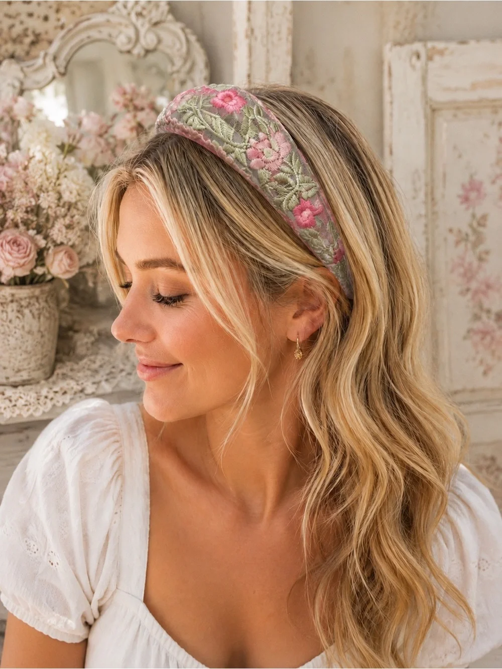 Embroidered Floral Sheer Headband | Pink & Sage Green | Cottagecore Romantic
